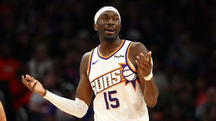 Phoenix Suns center Mark Williams reacts against the Golden State Warriors in the first half at Mortgage Matchup Center.