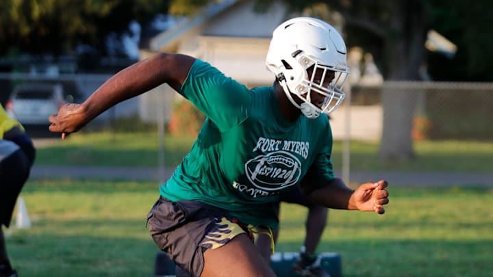 Kendall Guervil participates in early morning drills. Fort Myers High School football players were up early on Tuesday, August 1, 2023, as practices got underway for their upcoming season.