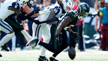 In what might be considered the turning point of the game, New York Jets running back Breece Hall (20), fumbles the ball less than 10 yards from the end zone. The Cowboys recovered and went on to score a touchdown to break the game open, 16-3, Sunday, October 5, 2025.