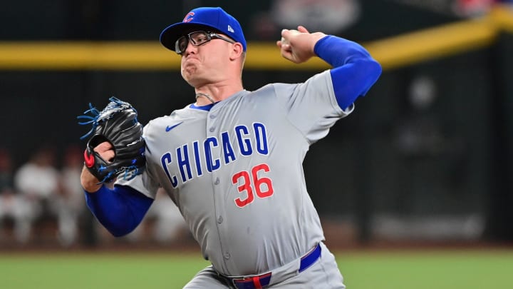 Apr 17, 2024; Phoenix, Arizona, USA;  Chicago Cubs pitcher Jordan Wicks (36) throws in the first inning against the Arizona Diamondbacks at Chase Field.