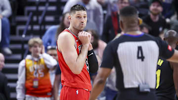 Mar 6, 2024; Salt Lake City, Utah, USA; Chicago Bulls center Nikola Vucevic (9) reacts to being called for a foul against the Utah Jazz during the fourth quarter at Delta Center. Mandatory Credit: Rob Gray-Imagn Images