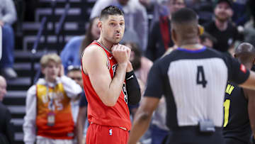 Mar 6, 2024; Salt Lake City, Utah, USA; Chicago Bulls center Nikola Vucevic (9) reacts to being called for a foul against the Utah Jazz during the fourth quarter at Delta Center. Mandatory Credit: Rob Gray-Imagn Images