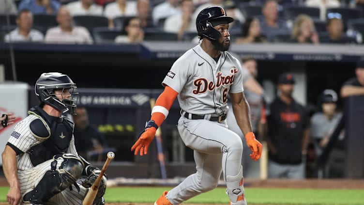 Sep 5, 2023; Bronx, New York, USA;  Detroit Tigers left fielder Akil Baddoo (60) hits a single in