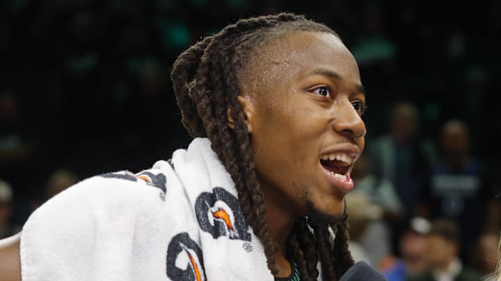 Apr 23, 2026; Minneapolis, Minnesota, USA; Minnesota Timberwolves guard Ayo Dosunmu (13) talks with a reporter after the game with the Denver Nuggets at Target Center. Mandatory Credit: Bruce Kluckhohn-Imagn Images