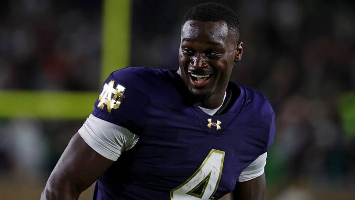 Sep 13, 2025; South Bend, Indiana, USA; Notre Dame Fighting Irish running back Jeremiyah Love (4) reacts after a play during the first half against the Texas A&M Aggies at Notre Dame Stadium. Mandatory Credit: Trevor Ruszkowski-Imagn Images