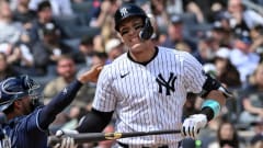 Aaron Judge grimaces after striking out