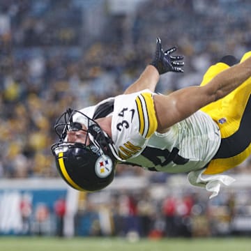Aug 9, 2025; Jacksonville, Florida, USA; Pittsburgh Steelers running back Max Hurleman (34) celebrates a touchdown against the Jacksonville Jaguars during the second quarter  at EverBank Stadium. Mandatory Credit: Morgan Tencza-Imagn Images