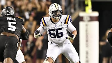 Oct 26, 2024; College Station, Texas, USA; LSU Tigers offensive tackle Will Campbell (66) in action during the second half against the Texas A&M Aggies. The Aggies defeated the Tigers 38-23; at Kyle Field. Mandatory Credit: Maria Lysaker-Imagn Images.  