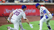 Aug 13, 2025; New York City, New York, USA;  New York Mets right fielder Juan Soto (22) is greeted by first baseman Pete Alonso (20) after hitting a two run home run in the second inning against the Atlanta Braves at Citi Field. Mandatory Credit: Wendell Cruz-Imagn Images