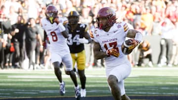 Iowa State’s Jaylin Noel (13) runs to the endzone to score against Iowa during the Cy-Hawk game Saturday, Sept. 7, 2024 at Kinnick Stadium in Iowa City, Iowa.