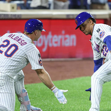 Aug 13, 2025; New York City, New York, USA;  New York Mets right fielder Juan Soto (22) is greeted by first baseman Pete Alonso (20) after hitting a two run home run in the second inning against the Atlanta Braves at Citi Field. Mandatory Credit: Wendell Cruz-Imagn Images