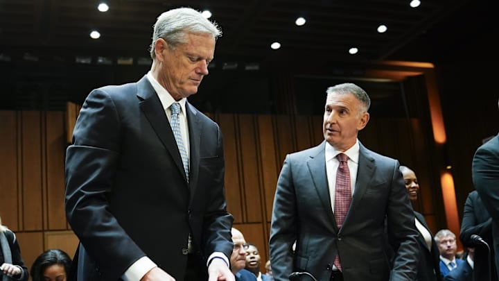 Oct 17, 2023; Washington, DC, USA; NCAA President Charlie Baker, left, Tony Petitti, Commissioner, Big Ten Conference, right, before the start of the Senate Judiciary Committee hearing \"Name, Image, and Likeness, and the Future of College Sports\" on Tuesday, Oct. 17, 2023. Mandatory Credit: Jack Gruber-USA TODAY