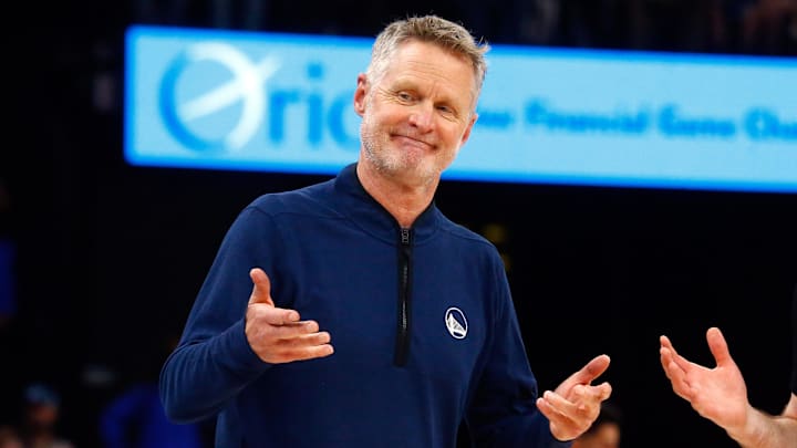 Apr 1, 2025; Memphis, Tennessee, USA; Golden State Warriors head coach Steve Kerr reacts toward an official during the second quarter against the Memphis Grizzlies at FedExForum. Mandatory Credit: Petre Thomas-Imagn Images