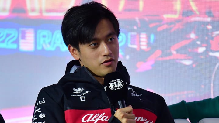 Nov 15, 2023; Las Vegas, Nevada, USA; Alfa Romeo driver Zhou Guanyu of China speaks during media availabilities at Las Vegas Strip Circuit. Mandatory Credit: Gary A. Vasquez-USA TODAY Sports