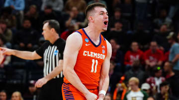 Mar 24, 2024; Memphis, TN, USA; Clemson Tigers guard Joseph Girard III (11) celebrates after defeating the Baylor Bears in the second round of the 2024 NCAA Tournament at FedExForum