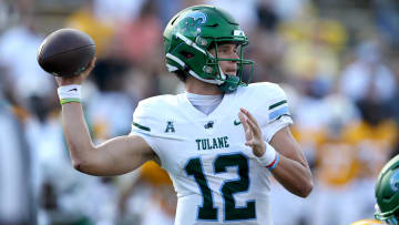 Sep 16, 2023; Hattiesburg, Mississippi, USA; Tulane Green Wave quarterback Kai Horton (12) looks to throw against the Southern Miss Golden Eagles in the second half at M.M. Roberts Stadium.