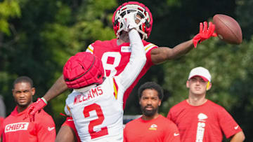 Kansas City Chiefs wide receiver Justyn Ross (8) drops a pass against cornerback Joshua Williams (2) during training camp at Missouri Western State University.