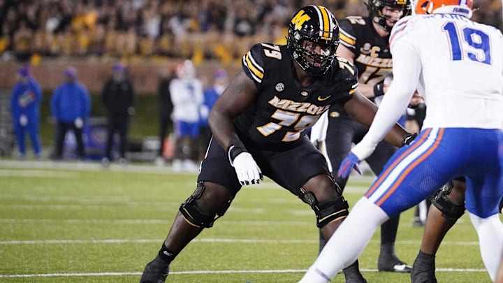 Nov 18, 2023; Columbia, Missouri, USA; Missouri Tigers offensive lineman Armand Membou (79) at the line of scrimmage against the Florida Gators during the game at Faurot Field at Memorial Stadium. Mandatory Credit: Denny Medley-Imagn Images