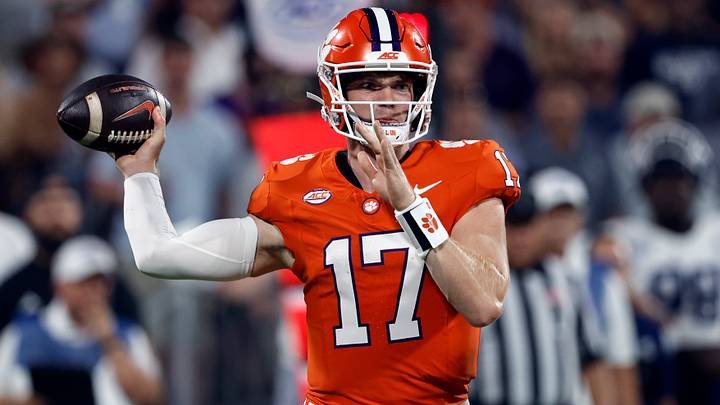 Sep 12, 2026; Clemson, South Carolina, USA;  Clemson Tigers quarterback Christopher Vizzina (17) throws a pass against the Georgia Southern Eagles during the first half at Memorial Stadium.  Mandatory Credit: Butch Dill-Imagn Images