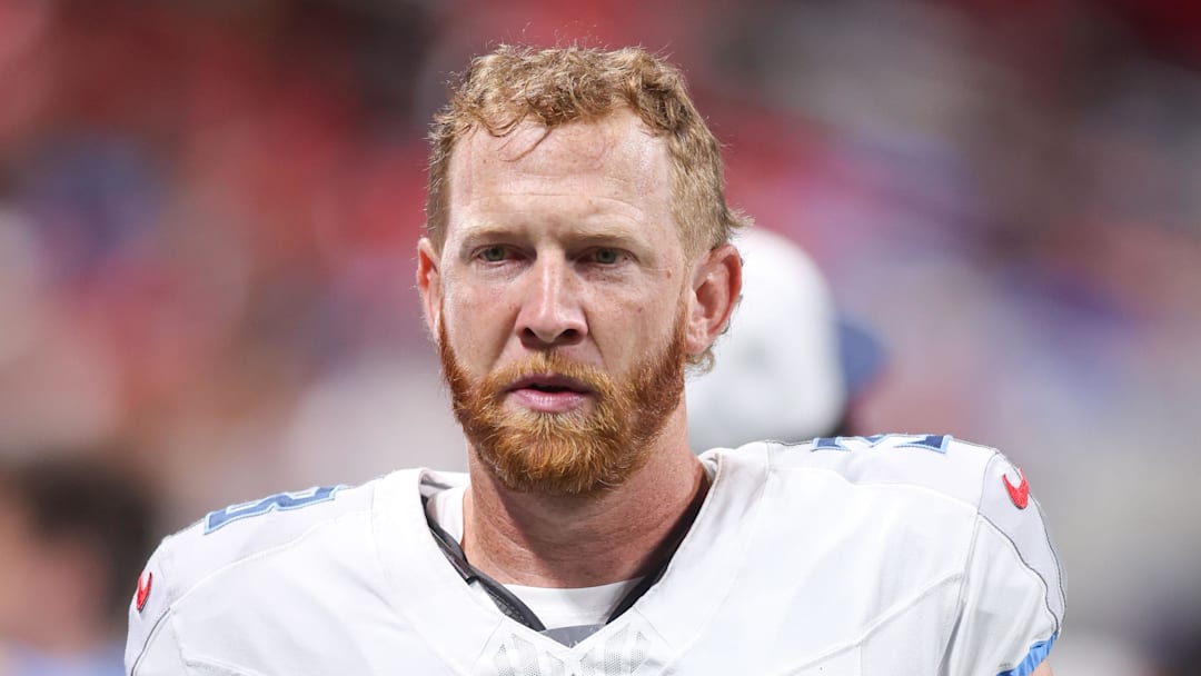 Aug 15, 2025; Atlanta, Georgia, USA; Tennessee Titans punter Johnny Hekker (3) on the field against the Atlanta Falcons at Mercedes-Benz Stadium. Mandatory Credit: Brett Davis-Imagn Images