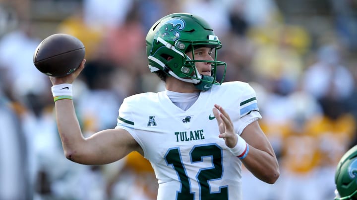 Sep 16, 2023; Hattiesburg, Mississippi, USA; Tulane Green Wave quarterback Kai Horton (12) looks to throw against the Southern Miss Golden Eagles in the second half at M.M. Roberts Stadium. 