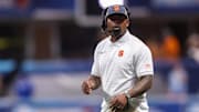 Aug 30, 2025; Atlanta, Georgia, USA; Syracuse Orange head coach Fran Brown on the sideline against the Tennessee Volunteers in the second quarter at Mercedes-Benz Stadium. Mandatory Credit: Brett Davis-Imagn Images