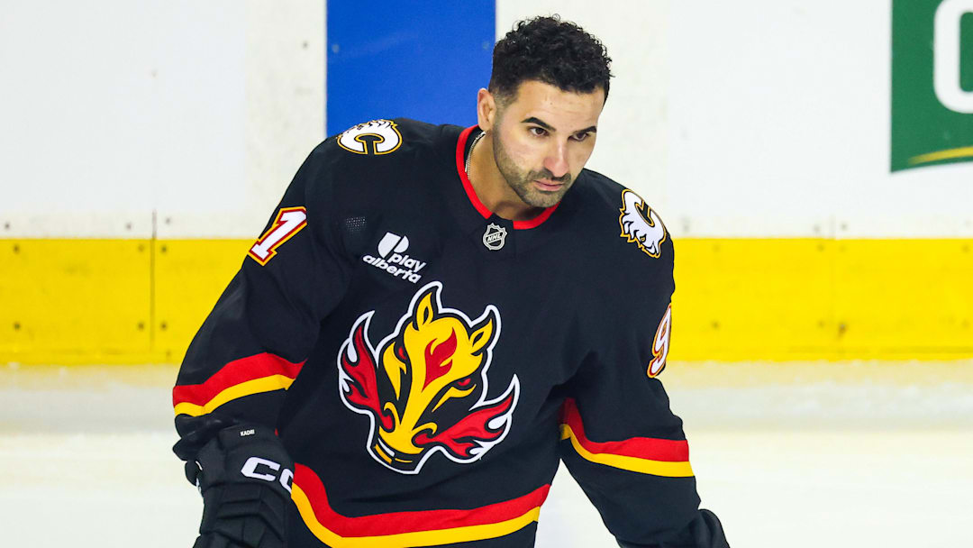 Mar 3, 2026; Calgary, Alberta, CAN; Calgary Flames center Nazem Kadri (91) skates during the warmup period against the Dallas Stars at Scotiabank Saddledome. Mandatory Credit: Sergei Belski-Imagn Images