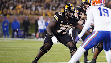 Nov 18, 2023; Columbia, Missouri, USA; Missouri Tigers offensive lineman Armand Membou (79) at the line of scrimmage against the Florida Gators during the game at Faurot Field at Memorial Stadium. Mandatory Credit: Denny Medley-Imagn Images