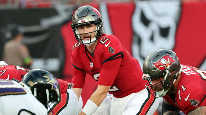 Aug 26, 2023; Tampa, Florida, USA; ]Tampa Bay Buccaneers quarterback Kyle Trask (2) looks on against the Baltimore Ravens during the first quarter at Raymond James Stadium. Mandatory Credit: Kim Klement Neitzel-USA TODAY Sports