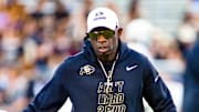 Oct 4, 2025; Fort Worth, Texas, USA; Colorado Buffaloes head coach Deion Sanders on the field during warm ups prior to a game against the TCU Horned Frogs at Amon G. Carter Stadium. Mandatory Credit: Raymond Carlin III-Imagn Images