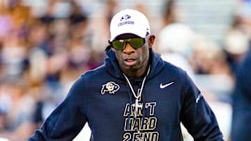 Oct 4, 2025; Fort Worth, Texas, USA; Colorado Buffaloes head coach Deion Sanders on the field during warm ups prior to a game against the TCU Horned Frogs at Amon G. Carter Stadium. Mandatory Credit: Raymond Carlin III-Imagn Images