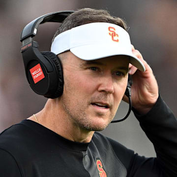 Sep 13, 2025; West Lafayette, Indiana, USA; Southern California Trojans head coach Lincoln Riley stands on the sidelines during the first quarter against the Purdue Boilermakers at Ross-Ade Stadium. Mandatory Credit: Marc Lebryk-Imagn Images