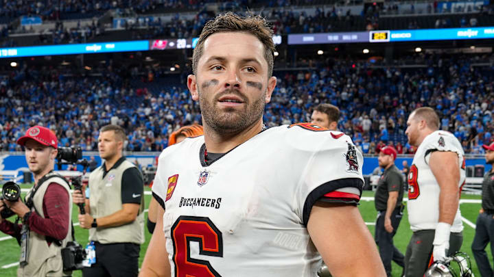 Tampa Bay Buccaneers quarterback Baker Mayfield (6) at the end of the Detroit Lions game against the Tampa Bay Buccaneers at Ford Field in Detroit on Sunday, Sept. 15, 2024. Buccaneers won 20-16.