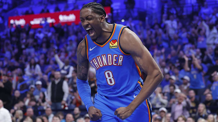 Dec 18, 2025; Oklahoma City, Oklahoma, USA; Oklahoma City Thunder guard Jalen Williams (8) screams and celebrates after dunking against the Los Angeles Clippers during the second quarter at Paycom Center. Mandatory Credit: Alonzo Adams-Imagn Images