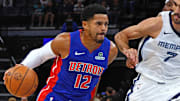 Oct 6, 2025; Memphis, Tennessee, USA; Detroit Pistons forward Tobias Harris (12) drives to the basket as Memphis Grizzlies forward Santi Aldama defends during the first quarter at FedExForum. Mandatory Credit: Petre Thomas-Imagn Images