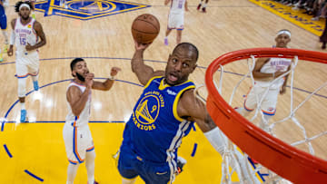 October 30, 2021; San Francisco, California, USA; Golden State Warriors forward Andre Iguodala (9) attempts a dunk during the first half against the Oklahoma City Thunder at Chase Center. Mandatory Credit: Kyle Terada-Imagn Images