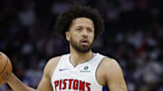 Apr 24, 2025; Detroit, Michigan, USA; Detroit Pistons guard Cade Cunningham (2) dribbles in the second half against the New York Knicks during game three of first round for the 2024 NBA Playoffs at Little Caesars Arena. Mandatory Credit: Rick Osentoski-Imagn Images