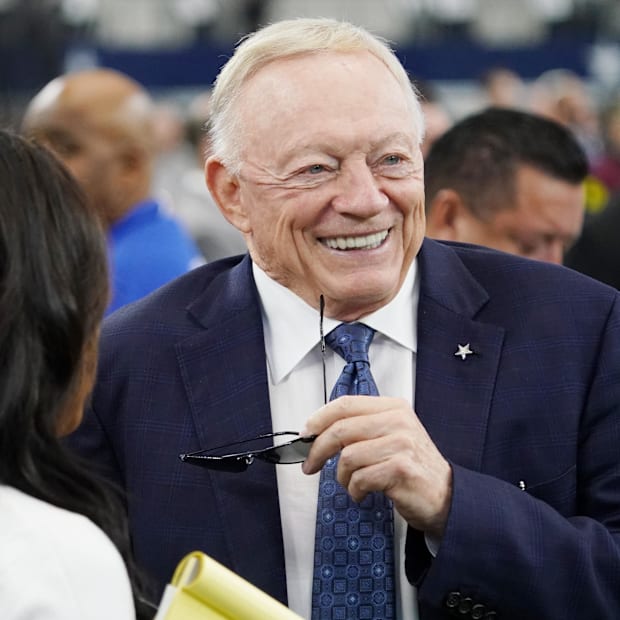 Dallas Cowboys owner Jerry Jones on the sidelines before the game against the New York Giants at AT&T Stadium
