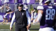 Aug 31, 2024; Evanston, Illinois, USA; Northwestern Wildcats head coach David Braun on the field after a score against the Miami (Oh) Redhawks during the second half at Lanny and Sharon Martin Stadium. Mandatory Credit: David Banks-Imagn Images