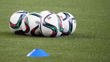 June 21, 2015; Montreal, Quebec, CAN; General view of match balls before Korea Republic plays against France in the round of sixteen in the FIFA 2015 women's World Cup soccer tournament at Olympic Stadium.