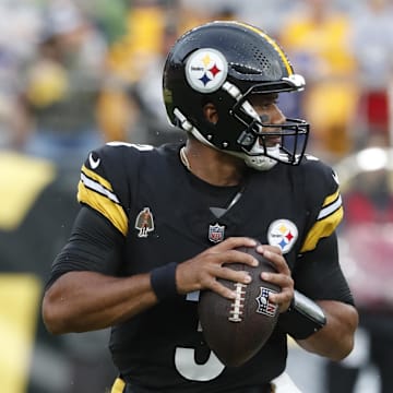 Aug 17, 2024; Pittsburgh, Pennsylvania, USA;  Pittsburgh Steelers quarterback Russell Wilson (3) looks to pass against the Buffalo Bills during the first quarter at Acrisure Stadium. Mandatory Credit: Charles LeClaire-Imagn Images