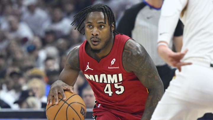 Apr 20, 2025; Cleveland, Ohio, USA; Miami Heat guard Davion Mitchell (45) dribbles in the first quarter against the Cleveland Cavaliers at Rocket Arena. Mandatory Credit: David Richard-Imagn Images