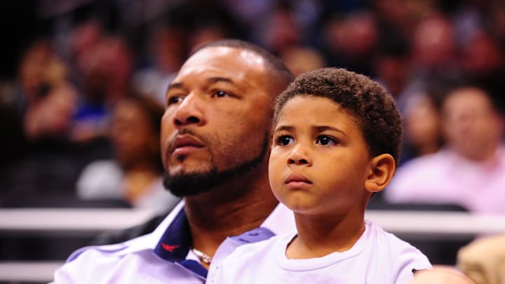 Feb. 11, 2011; Orlando, FL, USA; Former outfielder Gary Sheffield in attendance with his son during the game between the New Orleans Hornets against the Orlando Magic at the Amway Center. The Hornets defeated the Magic 99-93. Mandatory Credit: Mark J. Rebilas-Imagn Images