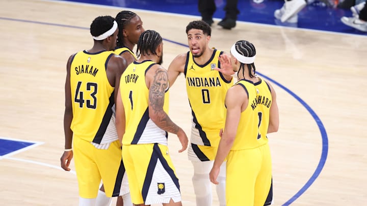 Indiana Pacers guard Tyrese Haliburton against the New York Knicks during the 2025 NBA Playoffs at Madison Square Garden