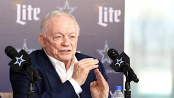 Jan 27, 2025; Frisco, TX, USA;   Dallas Cowboys owner Jerry Jones speaks to the media at a press conference at the Star.  Mandatory Credit: Tim Heitman-Imagn Images