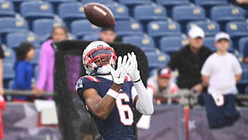 August 8, 2024; Foxborough, MA, USA;  New England Patriots wide receiver Javon Baker (6) warms up before a game against the Carolina Panthers at Gillette Stadium. Mandatory Credit: Eric Canha-Imagn Images