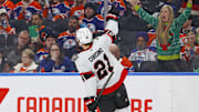Dec 22, 2024; Edmonton, Alberta, CAN; Ottawa Senators forward Nick Cousins (21) celebrates his goal scored during the second period against the Edmonton Oilers at Rogers Place. Mandatory Credit: Perry Nelson-Imagn Images
