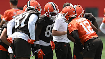 Jun 10, 2025; Berea, OH, USA; Cleveland Browns quarterback Shedeur Sanders (12) calls a play during minicamp at CrossCountry Mortgage Campus. Mandatory Credit: Ken Blaze-Imagn Images