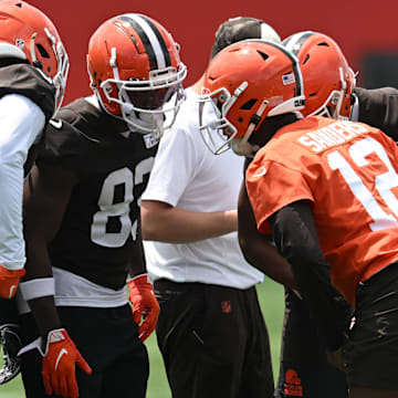 Jun 10, 2025; Berea, OH, USA; Cleveland Browns quarterback Shedeur Sanders (12) calls a play during minicamp at CrossCountry Mortgage Campus. Mandatory Credit: Ken Blaze-Imagn Images