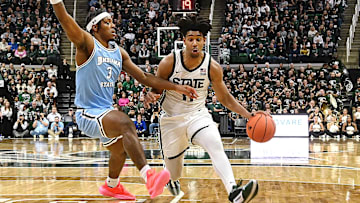 Dec 30, 2023; East Lansing, Michigan, USA; Michigan State Spartans guard A.J. Hoggard (11) drives